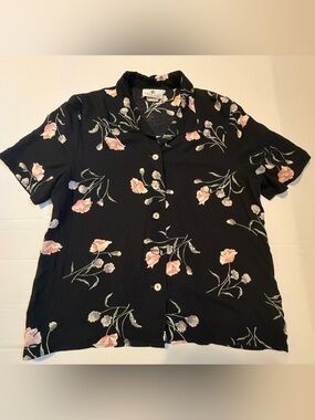 Cape Cod Sportswear Vtg Black Floral Collared Button-Front Blouse Women’s L